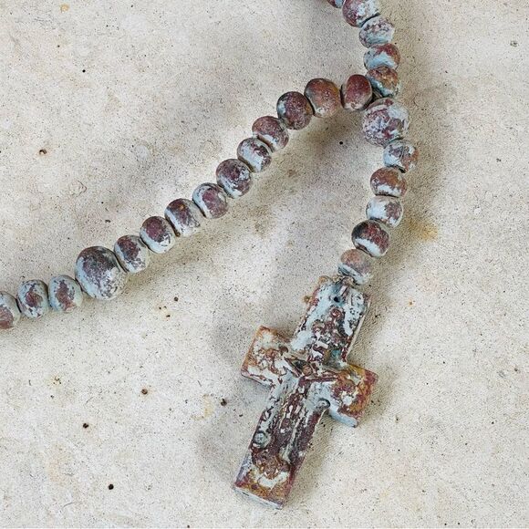 RusticClay Ceramic White Pale Blue Rosary Beads Distressed Decor Garden Necklace - Picture 5 of 16